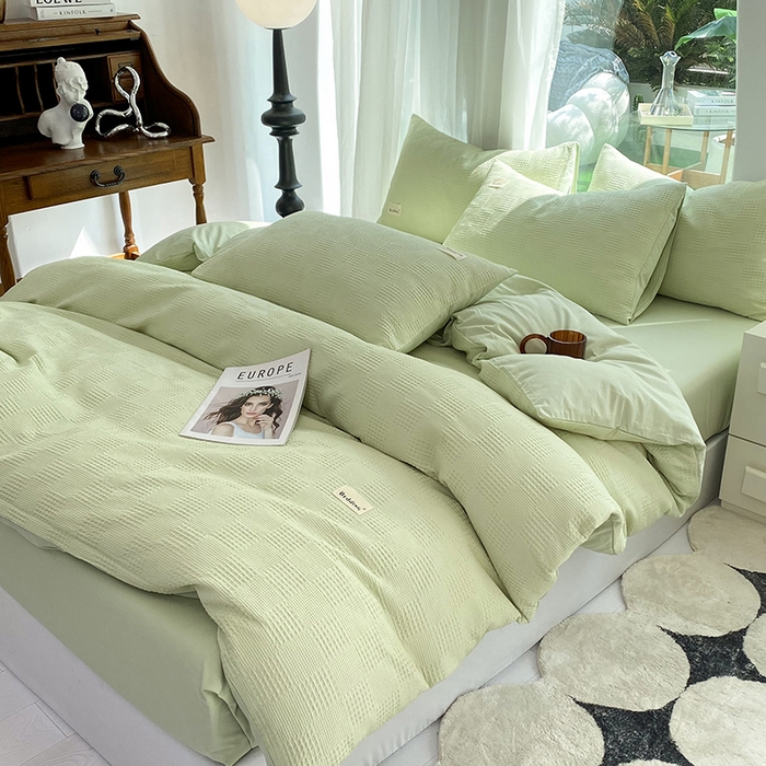 91家纺网 家纺一手货源 找家纺 澳梵家居 2023新品全棉华夫格四件套 棋格-果绿