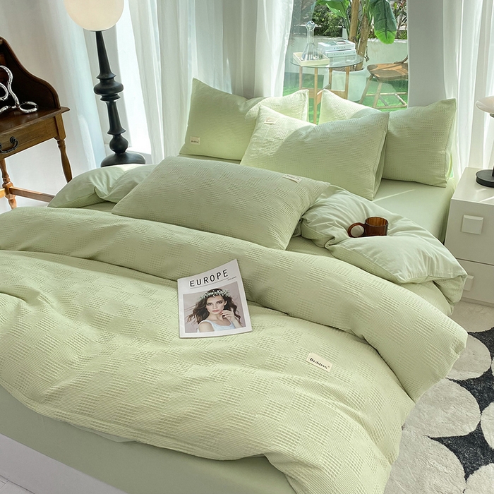 91家纺网 家纺一手货源 找家纺 澳梵家居 2023新品全棉华夫格四件套 棋格-果绿