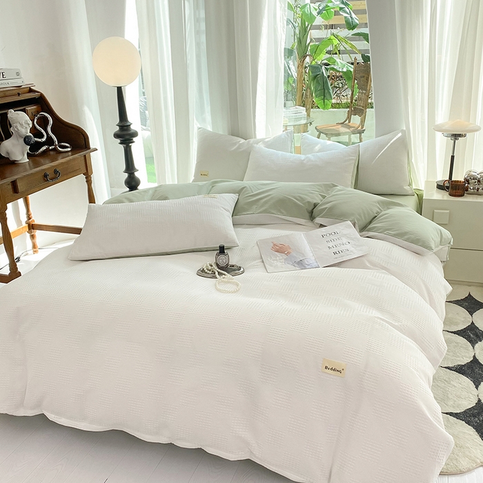 91家纺网 家纺一手货源 找家纺 澳梵家居 2023新品全棉华夫格四件套 棋格-米白绿