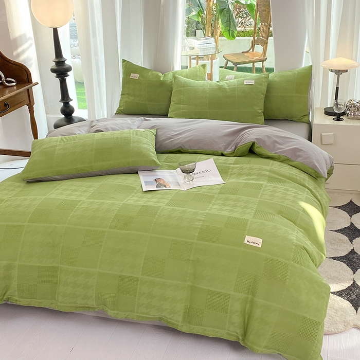 91家纺网 家纺一手货源 找家纺 澳梵家居 2023新品全棉华夫格四件套 千鸟格-果绿