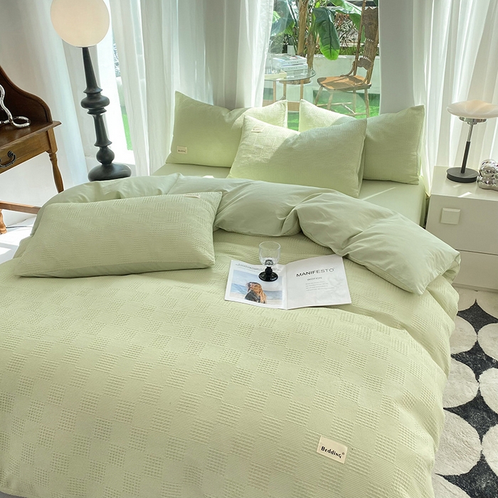 91家纺网 家纺一手货源 找家纺 澳梵家居 2023新品全棉华夫格四件套 棋格-果绿