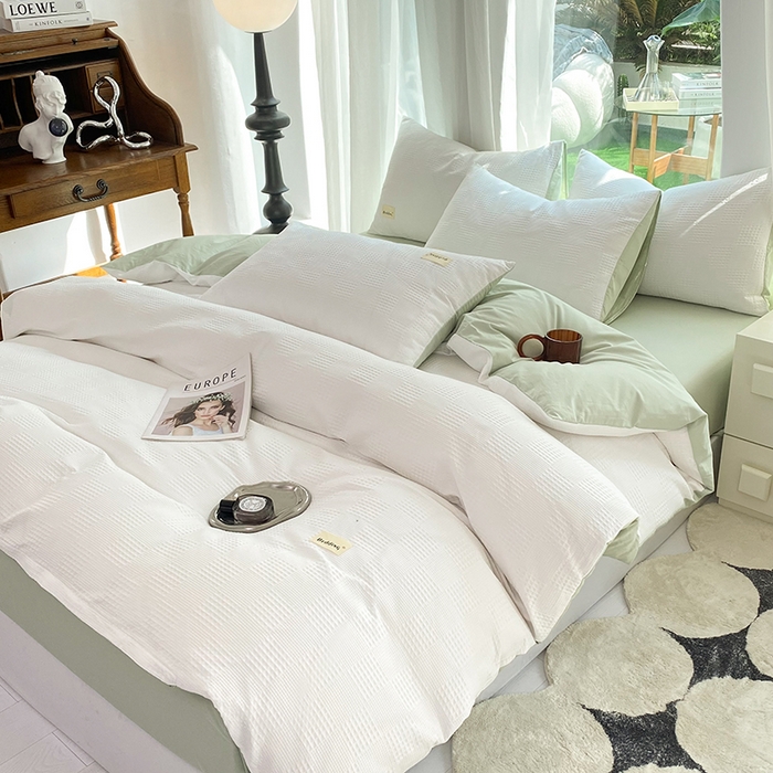 91家纺网 家纺一手货源 找家纺 澳梵家居 2023新品全棉华夫格四件套 棋格-米白绿