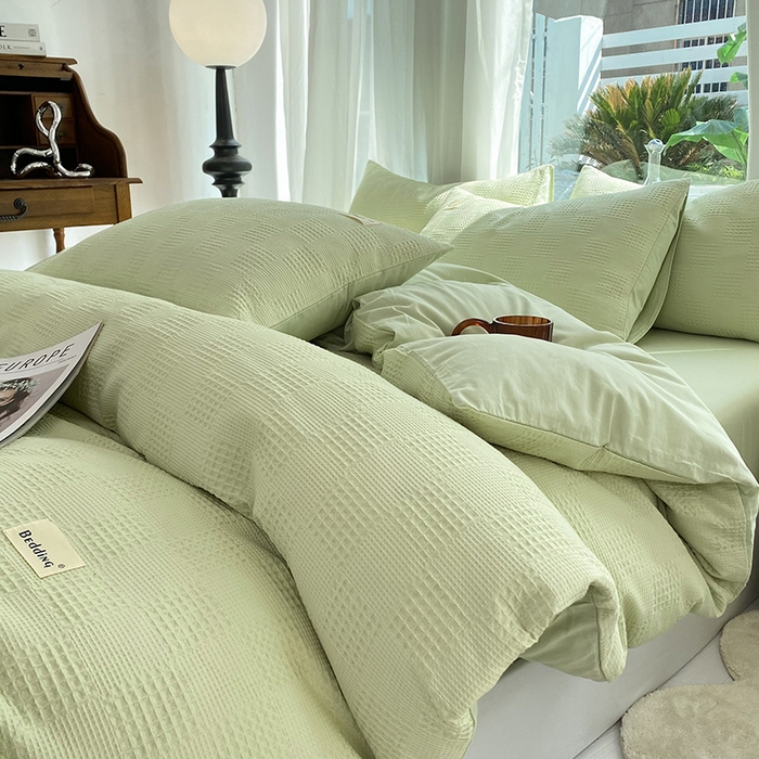 91家纺网 家纺一手货源 找家纺 澳梵家居 2023新品全棉华夫格四件套 棋格-果绿