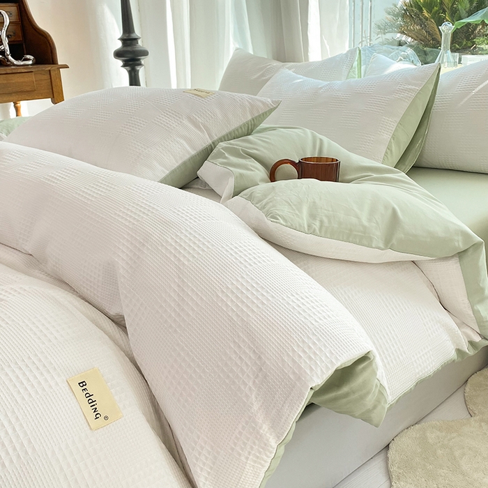 91家纺网 家纺一手货源 找家纺 澳梵家居 2023新品全棉华夫格四件套 棋格-米白绿