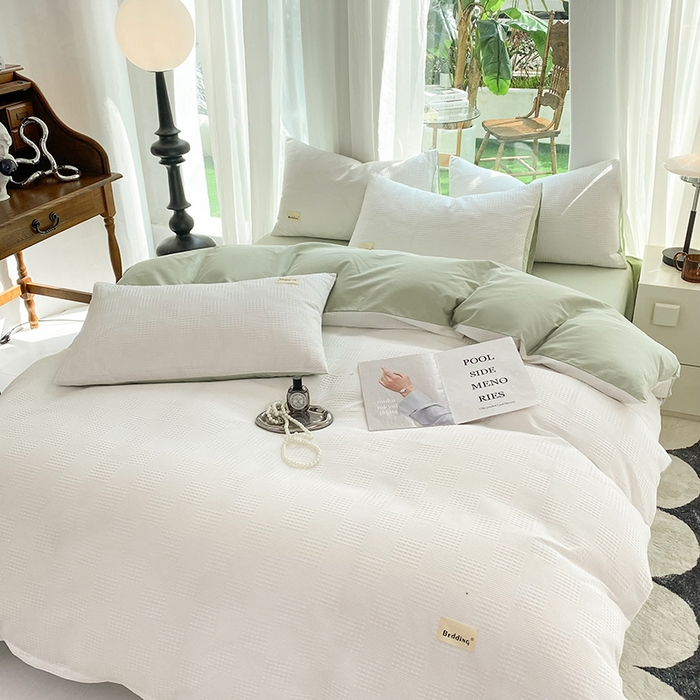 91家纺网 家纺一手货源 找家纺 澳梵家居 2023新品全棉华夫格四件套 棋格-米白绿