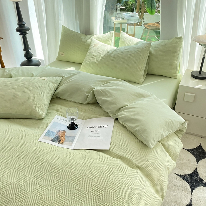 91家纺网 家纺一手货源 找家纺 澳梵家居 2023新品全棉华夫格四件套 棋格-果绿