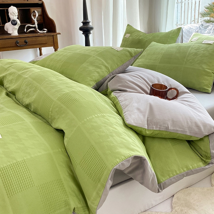 91家纺网 家纺一手货源 找家纺 澳梵家居 2023新品全棉华夫格四件套 千鸟格-果绿