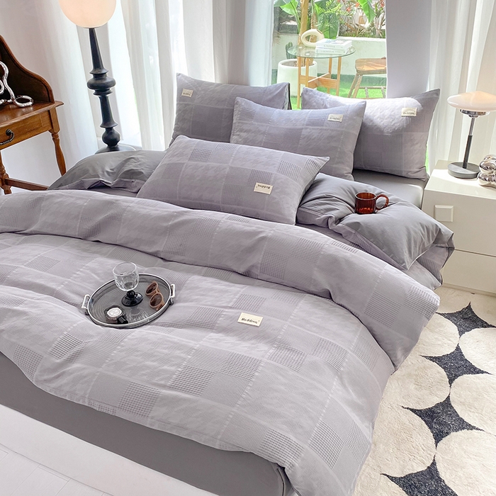 91家纺网 家纺一手货源 找家纺 澳梵家居 2023新品全棉华夫格四件套 千鸟格-灰