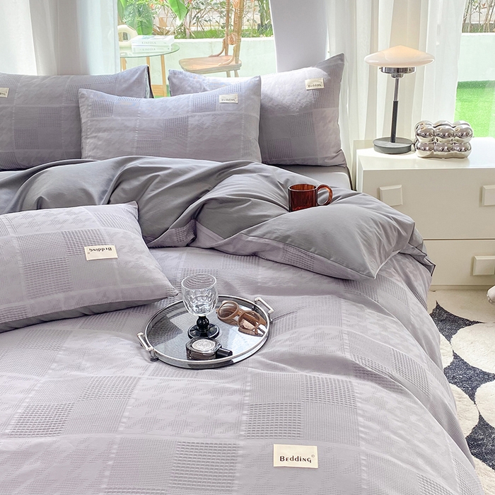 91家纺网 家纺一手货源 找家纺 澳梵家居 2023新品全棉华夫格四件套 千鸟格-灰