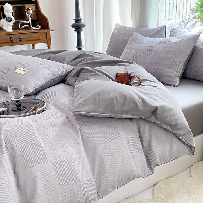 91家纺网 家纺一手货源 找家纺 澳梵家居 2023新品全棉华夫格四件套 千鸟格-灰