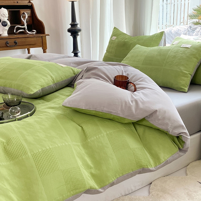 91家纺网 家纺一手货源 找家纺 澳梵家居 2023新品全棉华夫格四件套 千鸟格-果绿