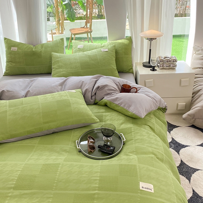 91家纺网 家纺一手货源 找家纺 澳梵家居 2023新品全棉华夫格四件套 千鸟格-果绿