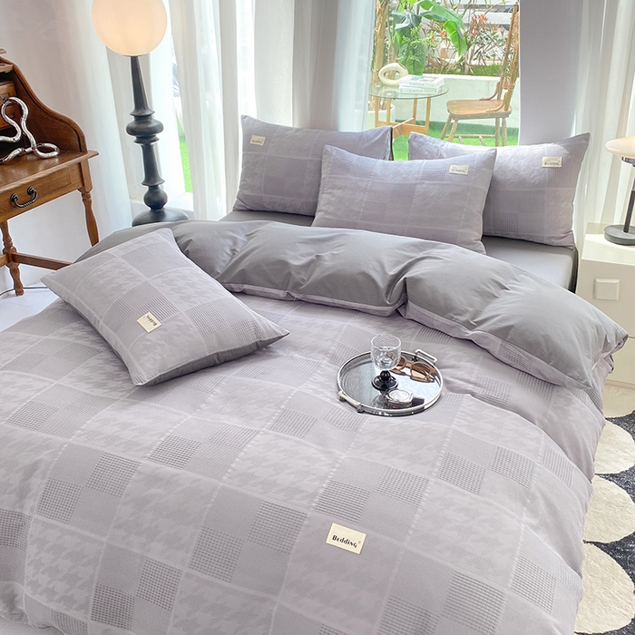 91家纺网 家纺一手货源 找家纺 澳梵家居 2023新品全棉华夫格四件套 千鸟格-灰