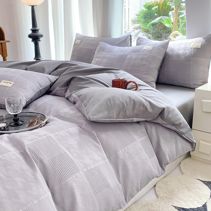 91家纺网 家纺一手货源 找家纺 澳梵家居 2023新品全棉华夫格四件套 千鸟格-灰