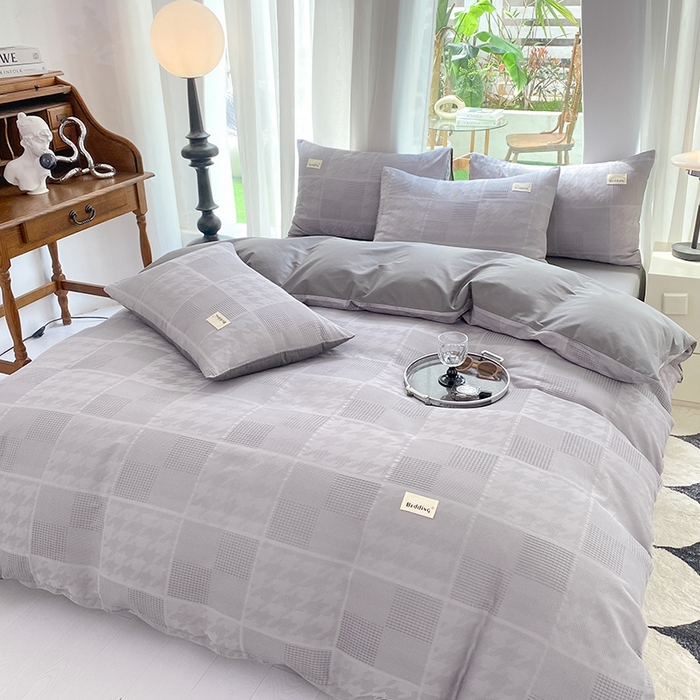 91家纺网 家纺一手货源 找家纺 澳梵家居 2023新品全棉华夫格四件套 千鸟格-灰