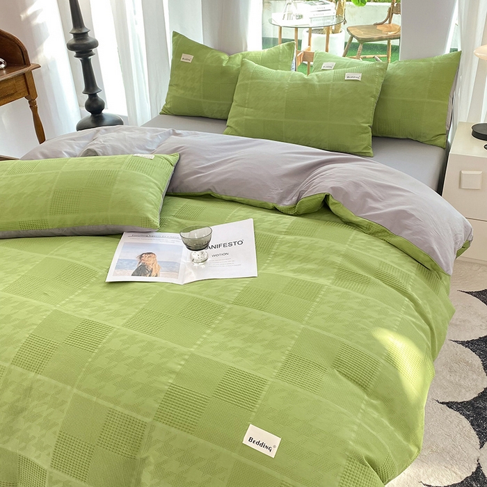 91家纺网 家纺一手货源 找家纺 澳梵家居 2023新品全棉华夫格四件套 千鸟格-果绿