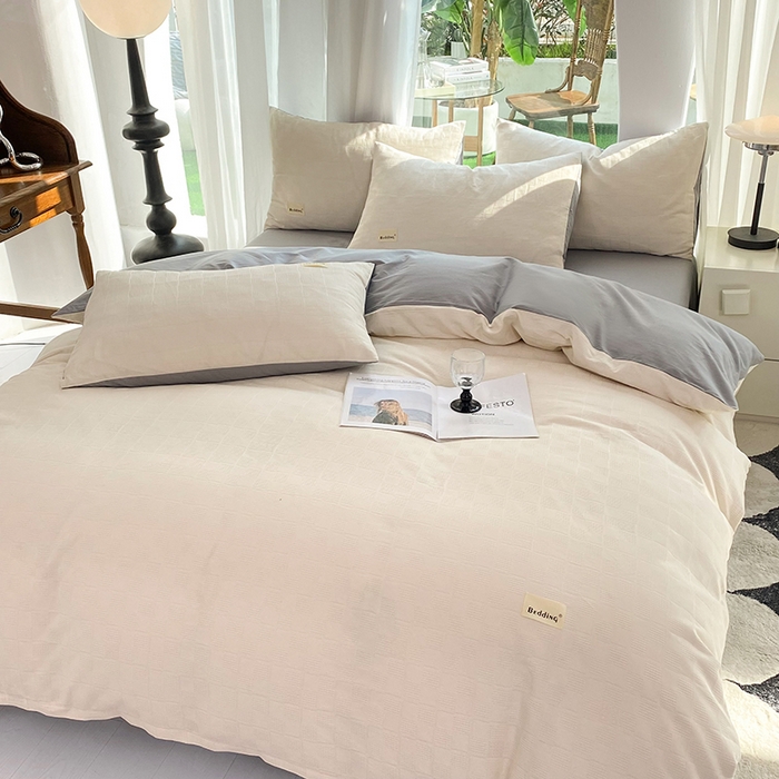 91家纺网 家纺一手货源 找家纺 澳梵家居 2023新品全棉华夫格四件套 小方格-奶白灰