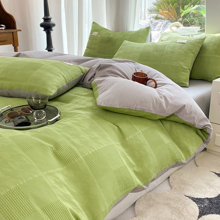 91家纺网 家纺一手货源 找家纺 澳梵家居 2023新品全棉华夫格四件套 千鸟格-果绿