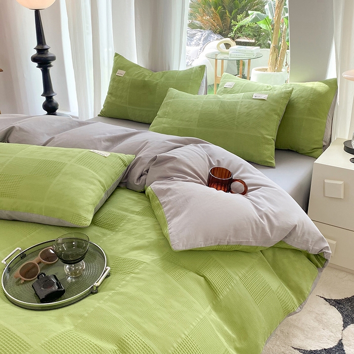 91家纺网 家纺一手货源 找家纺 澳梵家居 2023新品全棉华夫格四件套 千鸟格-果绿