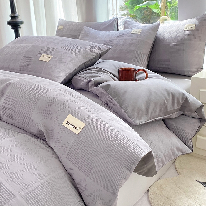 91家纺网 家纺一手货源 找家纺 澳梵家居 2023新品全棉华夫格四件套 千鸟格-灰