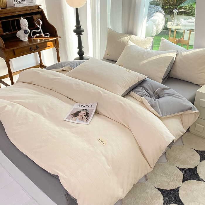 91家纺网 家纺一手货源 找家纺 澳梵家居 2023新品全棉华夫格四件套 小方格-奶白灰