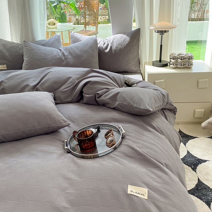 91家纺网 家纺一手货源 找家纺 澳梵家居 2023新品全棉华夫格四件套 小方格-深灰