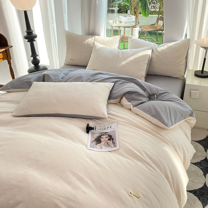 91家纺网 家纺一手货源 找家纺 澳梵家居 2023新品全棉华夫格四件套 小方格-奶白灰