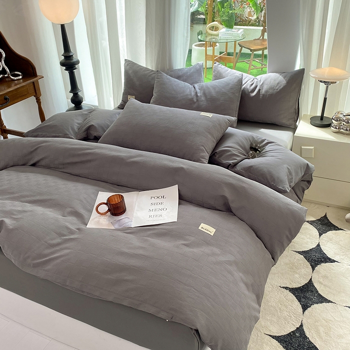 91家纺网 家纺一手货源 找家纺 澳梵家居 2023新品全棉华夫格四件套 小方格-深灰