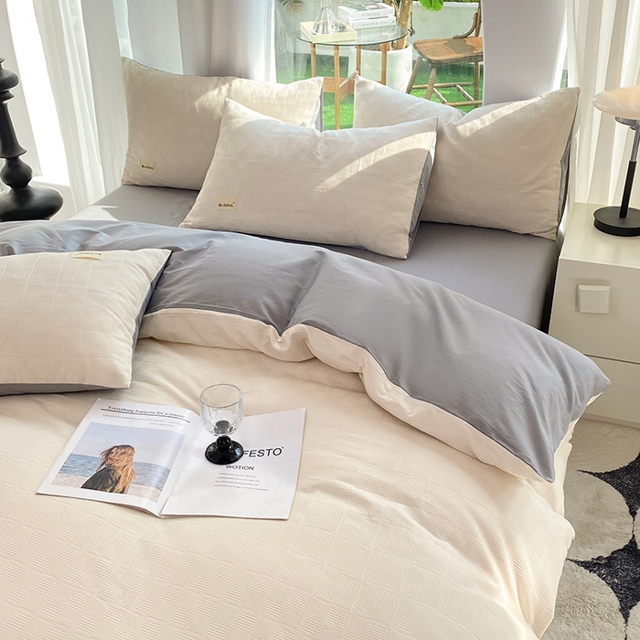 91家纺网 家纺一手货源 找家纺 澳梵家居 2023新品全棉华夫格四件套 小方格-奶白灰