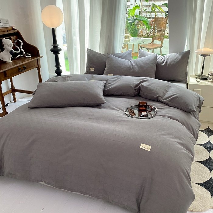 91家纺网 家纺一手货源 找家纺 澳梵家居 2023新品全棉华夫格四件套 小方格-深灰