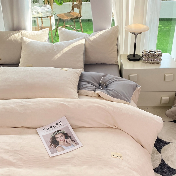 91家纺网 家纺一手货源 找家纺 澳梵家居 2023新品全棉华夫格四件套 小方格-奶白灰