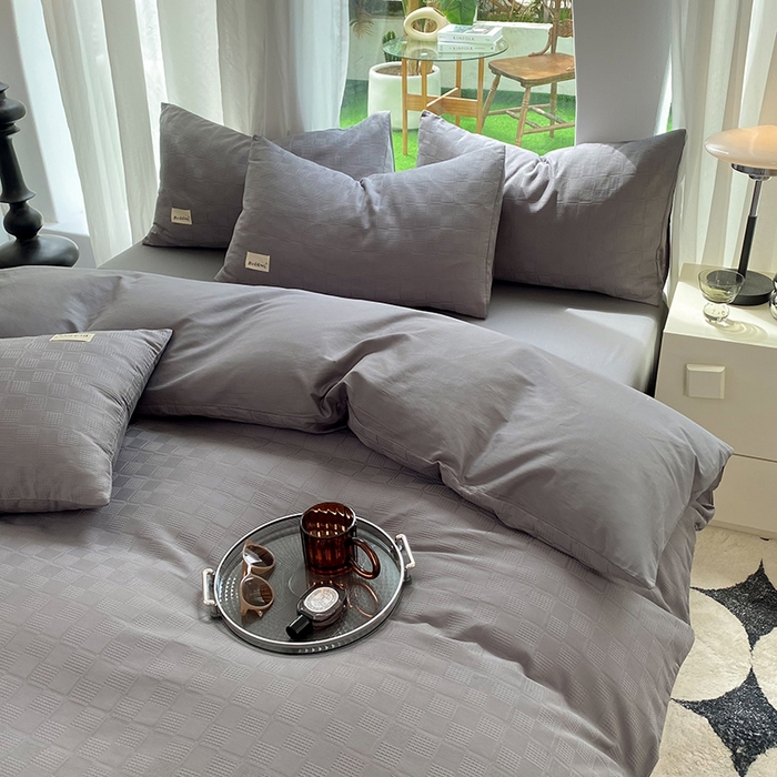 91家纺网 家纺一手货源 找家纺 澳梵家居 2023新品全棉华夫格四件套 小方格-深灰