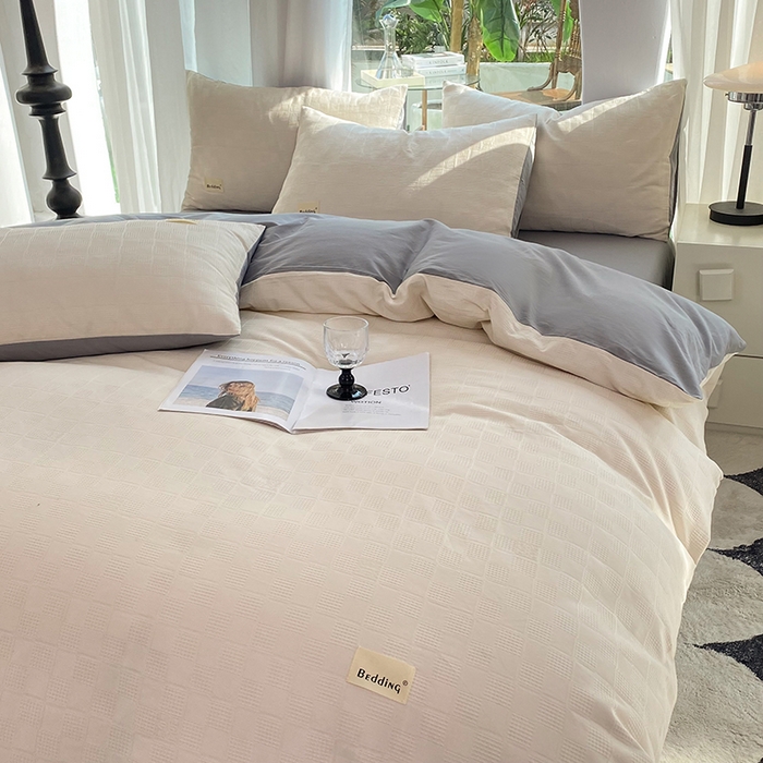 91家纺网 家纺一手货源 找家纺 澳梵家居 2023新品全棉华夫格四件套 小方格-奶白灰