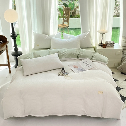 91家纺网 家纺一手货源 找家纺 澳梵家居 2023新品全棉华夫格四件套 棋格-米白绿