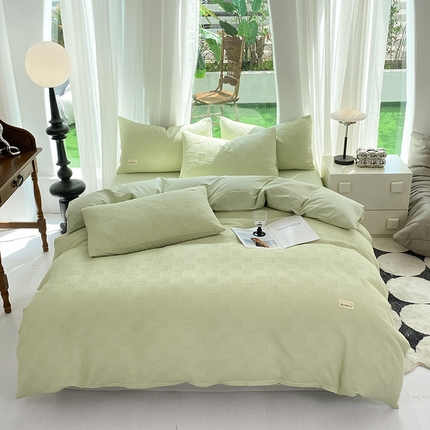 91家纺网 家纺一手货源 找家纺 澳梵家居 2023新品全棉华夫格四件套 棋格-果绿