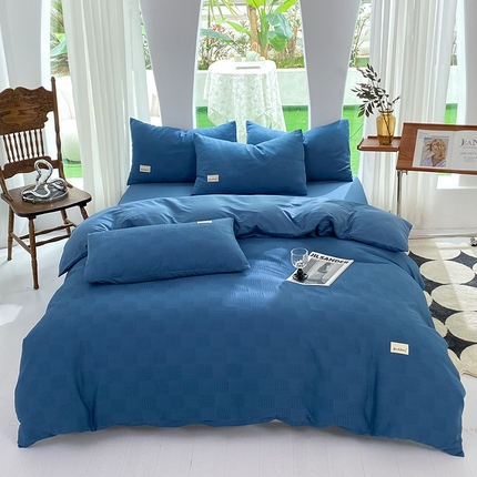 91家纺网 家纺一手货源 找家纺 澳梵家居 2023新品全棉华夫格四件套 棋格-宝石蓝