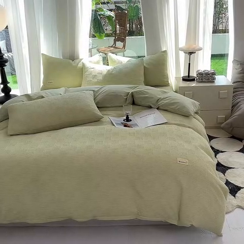 91家纺网 家纺一手货源 找家纺 澳梵家居 2023新品全棉华夫格四件套 麦穗-嫩芽绿