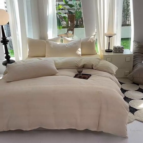 91家纺网 家纺一手货源 找家纺 澳梵家居 2023新品全棉华夫格四件套 麦穗-奶白