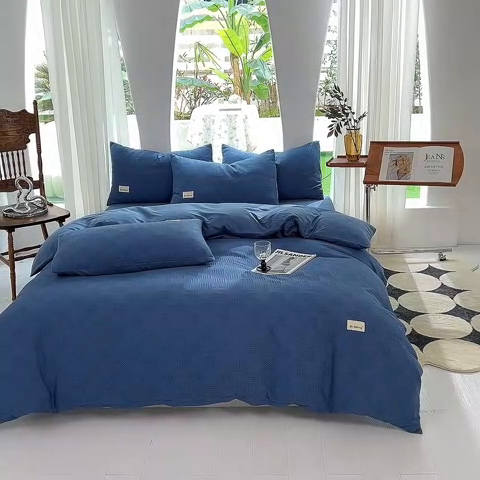 91家纺网 家纺一手货源 找家纺 澳梵家居 2023新品全棉华夫格四件套 棋格-宝石蓝