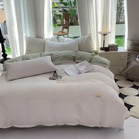 91家纺网 家纺一手货源 找家纺 澳梵家居 2023新品全棉华夫格四件套 棋格-米白绿