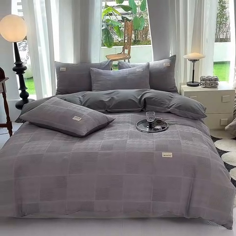 91家纺网 家纺一手货源 找家纺 澳梵家居 2023新品全棉华夫格四件套 千鸟格-灰