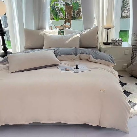 91家纺网 家纺一手货源 找家纺 澳梵家居 2023新品全棉华夫格四件套 小方格-奶白灰