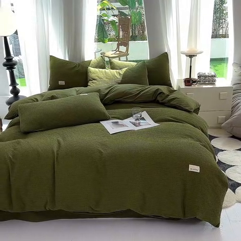 91家纺网 家纺一手货源 找家纺 澳梵家居 2023新品全棉华夫格四件套 华夫格-松绿