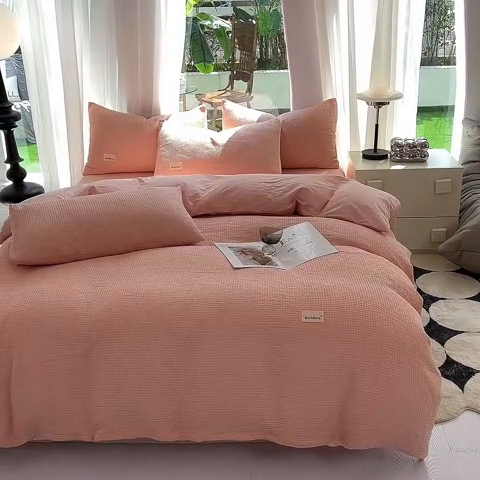 91家纺网 家纺一手货源 找家纺 澳梵家居 2023新品全棉华夫格四件套 华夫格-粉玉