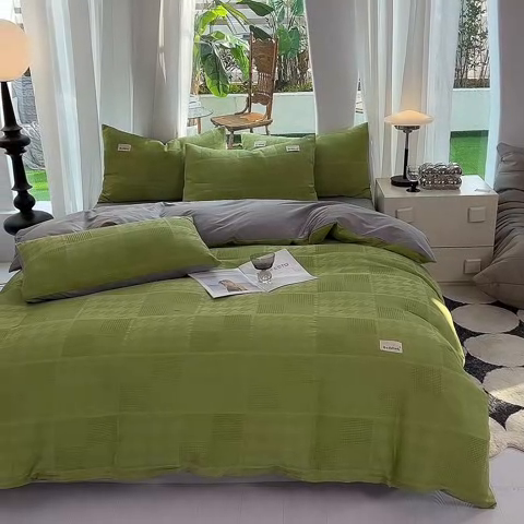 91家纺网 家纺一手货源 找家纺 澳梵家居 2023新品全棉华夫格四件套 千鸟格-果绿