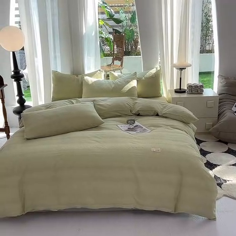 91家纺网 家纺一手货源 找家纺 澳梵家居 2023新品全棉华夫格四件套 棋格-果绿