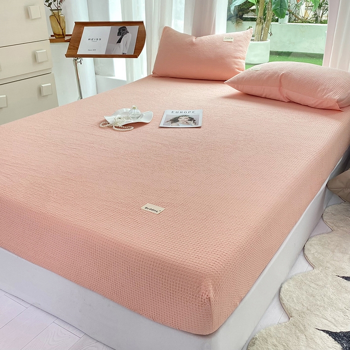 91家纺网 家纺一手货源 找家纺 澳梵家居 2023新品全棉华夫格床笠单品 华夫格-粉玉