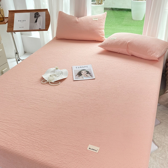 91家纺网 家纺一手货源 找家纺 澳梵家居 2023新品全棉华夫格床笠单品 华夫格-粉玉