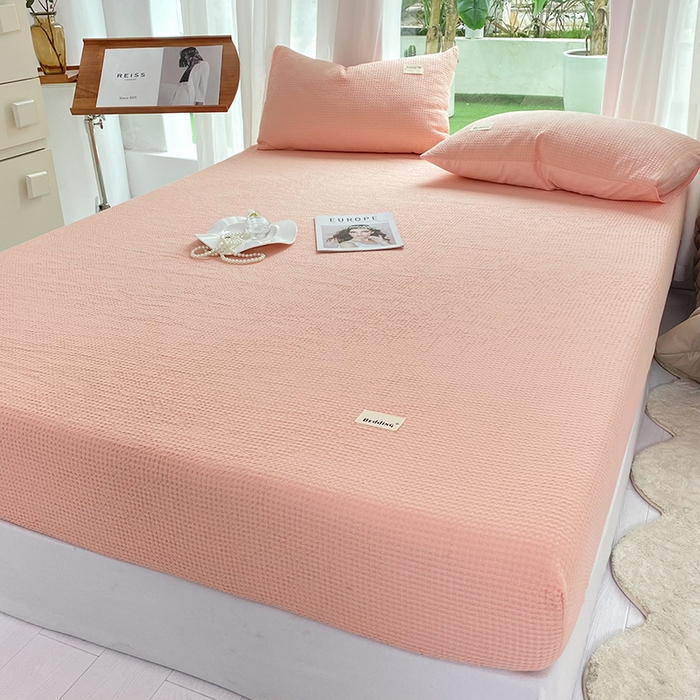 91家纺网 家纺一手货源 找家纺 澳梵家居 2023新品全棉华夫格床笠单品 华夫格-粉玉