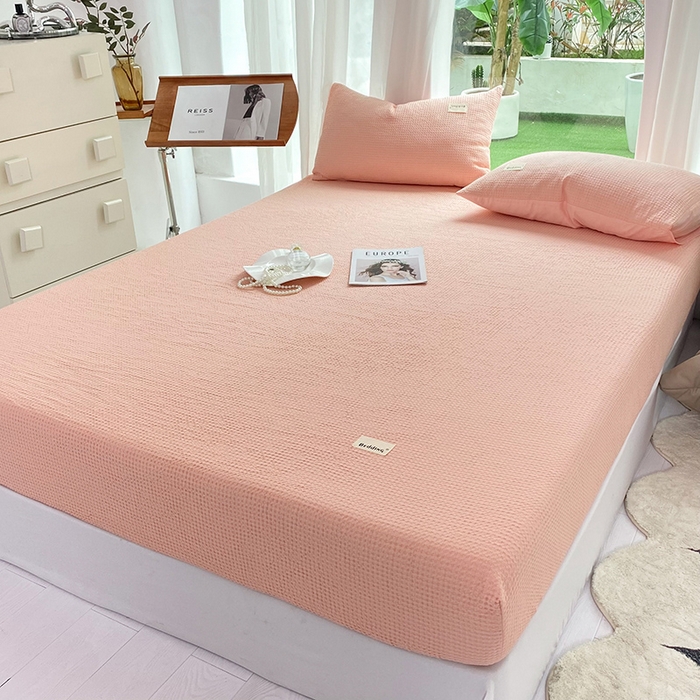 91家纺网 家纺一手货源 找家纺 澳梵家居 2023新品全棉华夫格床笠单品 华夫格-粉玉